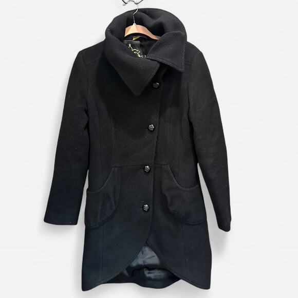 Mackage Black Wool Blend Funnel Neck Peacoat Minimalist Quiet Luxury Medium - Picture 2 of 15